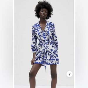 Zara long sleeve blue white black woven printed shirt dress